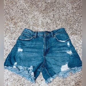 High rise light wash ripped Jean shorts